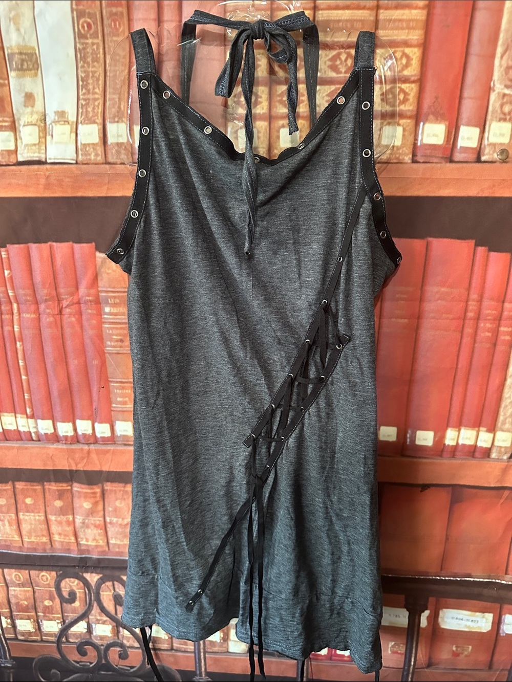 No Bikers Rider Collection Lace-Up Mini Dress Gray Black Grommet Moto Biker L - Picture 2 of 3